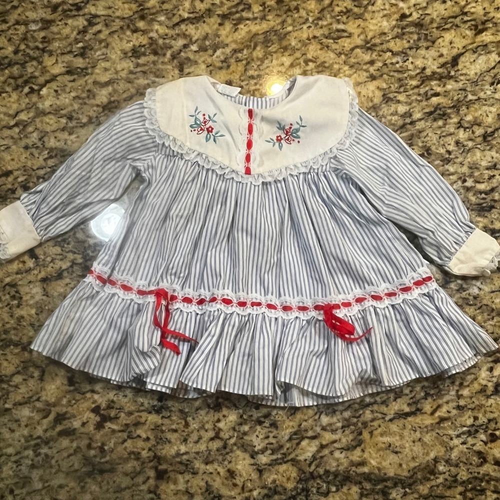 Vintage Cradle‎ Togs Girls Blue Pinstripe Embroidered Lace Trim Dress Red Bows